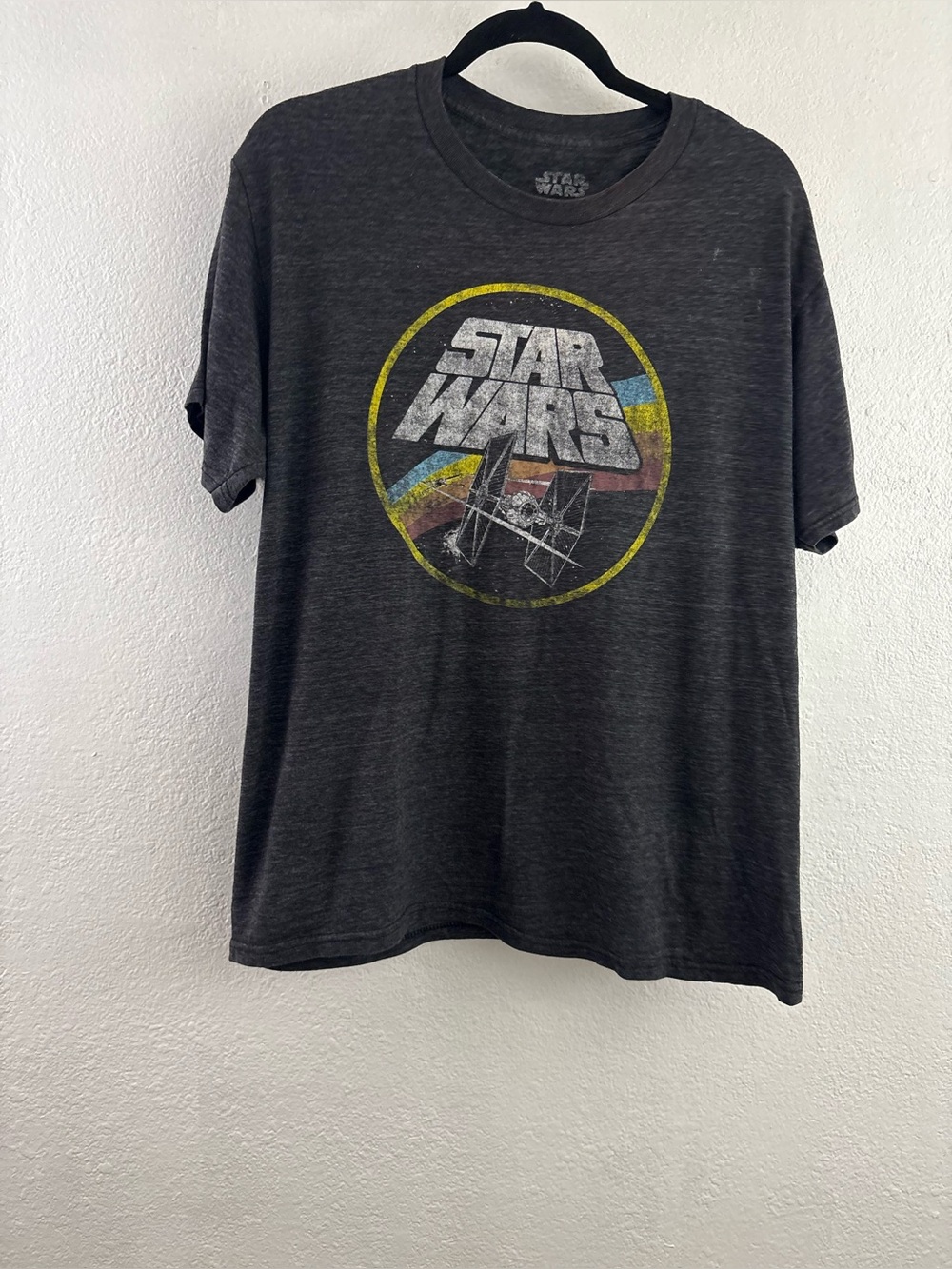 dark gray heather Star Wars TIE Fighter graphic t-shirt rainbow circle logo L